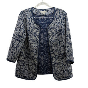 Coldwater Creek Jacket 12 Tapestry Blue White Damask Open Front Pockets